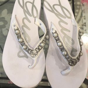 Guess white faux pearl and silver wedge flip flops